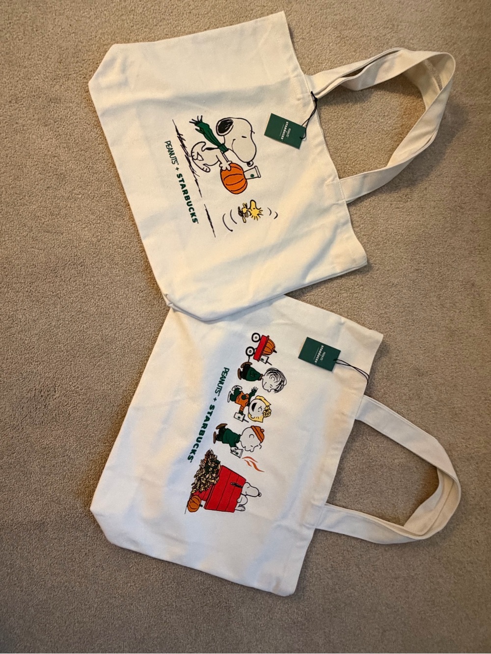 Starbucks Cream Peanuts Canvas Tote Bag Duo — Snoopy & Friends Print
